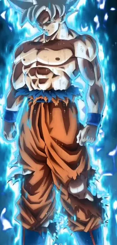 Anime hero with blue aura in high energy pose.