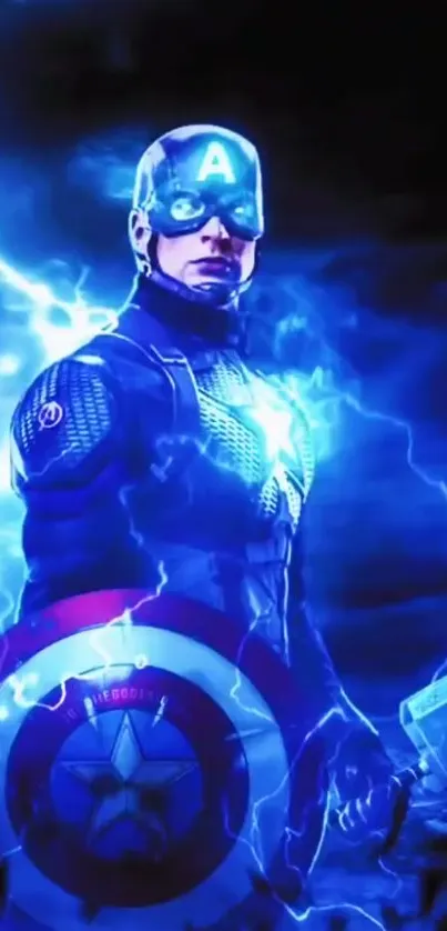 Hero with blue lightning and shield on phone wallpaper.