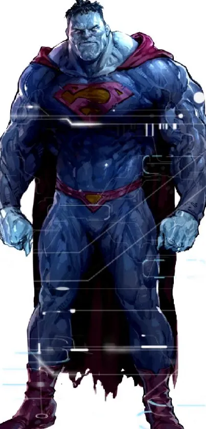 Illustrated superhero character with a blue suit and red cape.