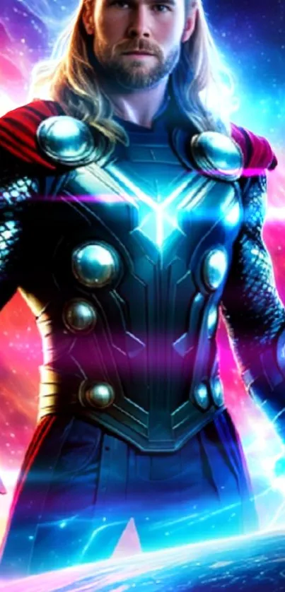 Epic superhero with glowing armor in a cosmic setting on mobile wallpaper.