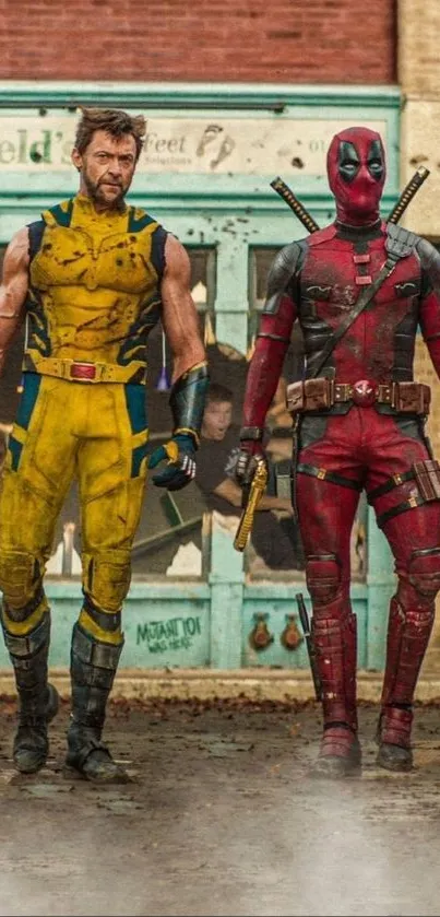 Two superheroes stand side-by-side in vivid costumes.