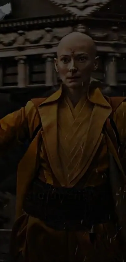 Hero in dark yellow outfit in dramatic scene.