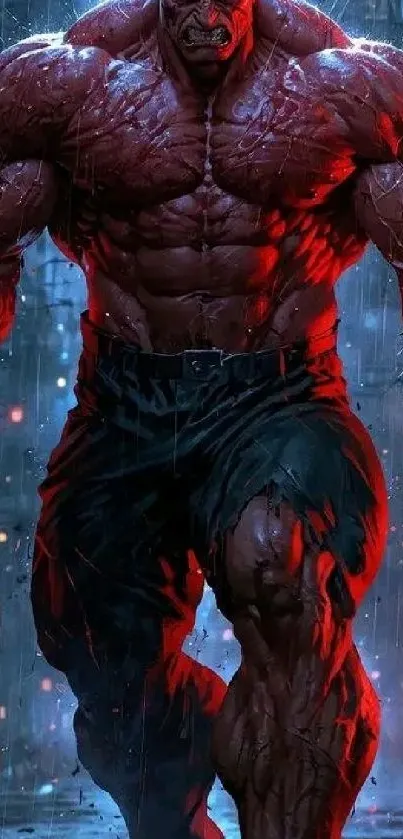 Epic red-skinned hero standing powerfully in rain.