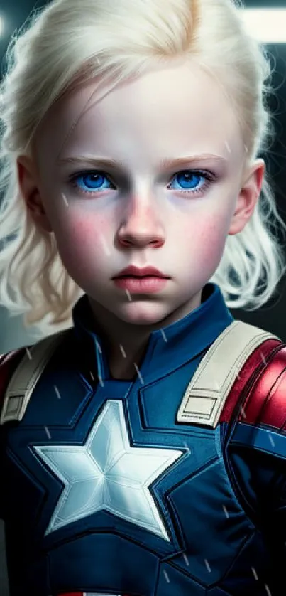 Epic hero kid in star-themed costume with blue eyes for mobile wallpaper.