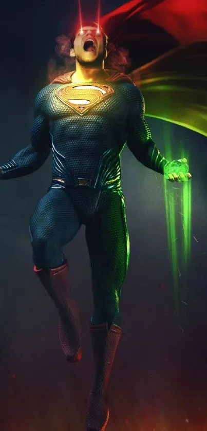 Dynamic superhero with glowing cape in action-packed mobile wallpaper.