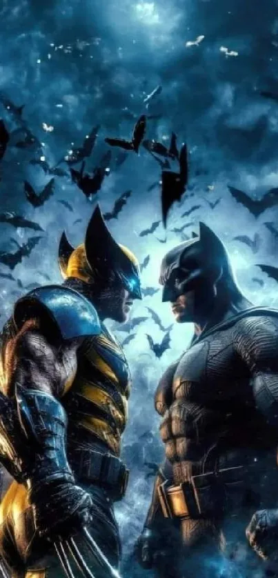 Epic superhero showdown under a dark sky filled with bats.