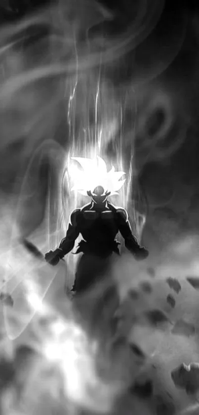 Epic hero silhouette with glowing aura in black and white mist.