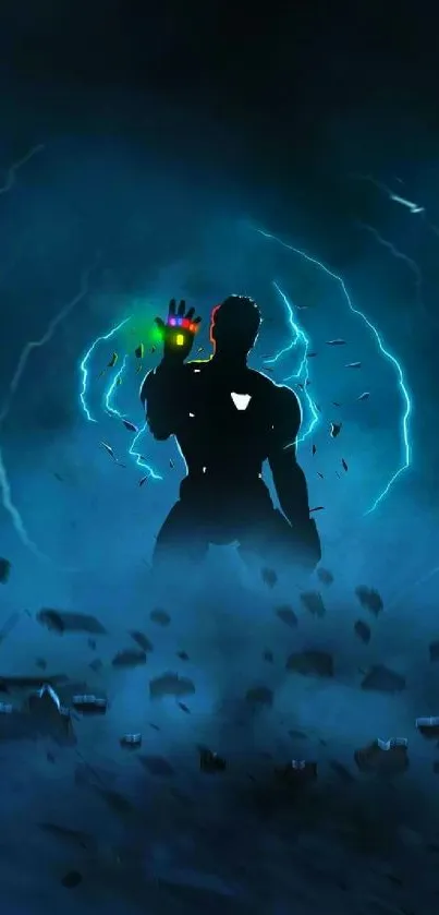 Silhouette of a hero with glowing gauntlet in a blue aura.