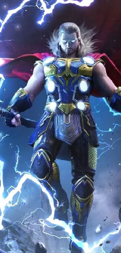 Superhero stands amid lightning and thunder, holding a hammer.