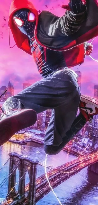 Dynamic hero leaping over vibrant cityscape at dusk.