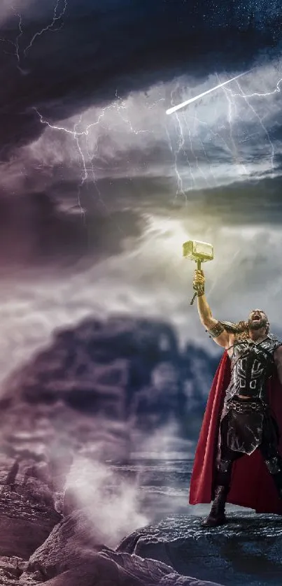 Hero with hammer raised against stormy sky.