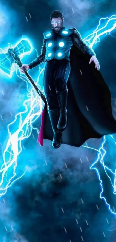 Heroic figure surrounded by lightning in dramatic sky.