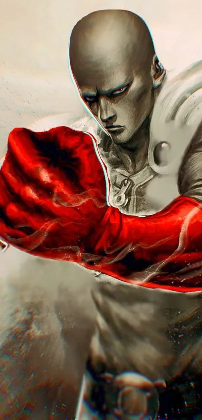 Dynamic hero with red gloves in action pose.