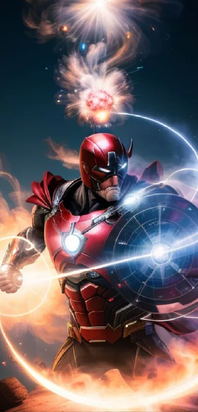 Epic superhero clad in red armor with dynamic cosmic energy swirling around.