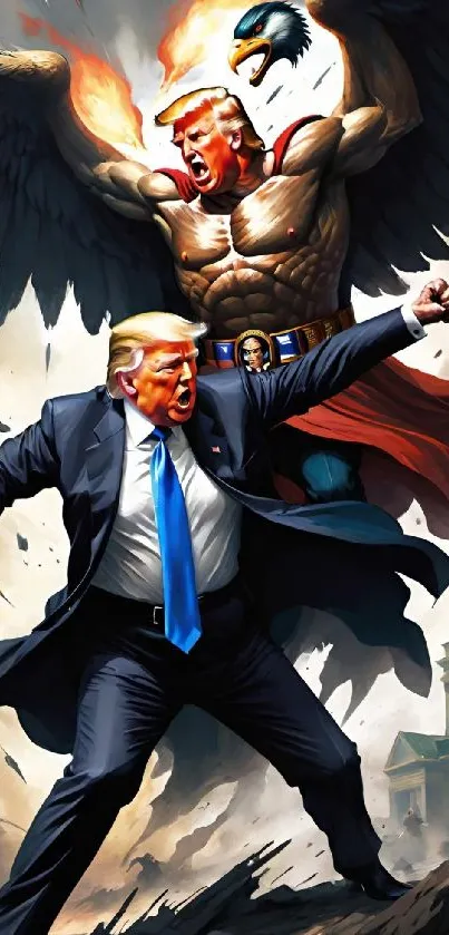 Epic artwork showing a heroic battle scene with a mythical creature.