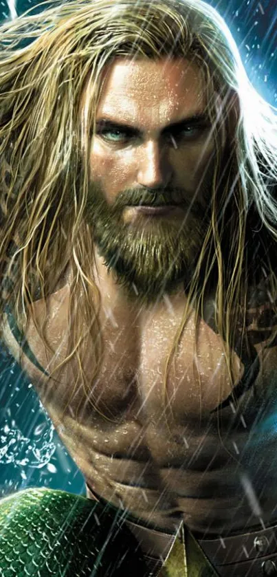 Epic heroic character with dynamic oceanic background in mobile wallpaper.