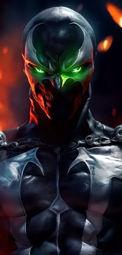 Epic wallpaper with fiery background and glowing green eyes.