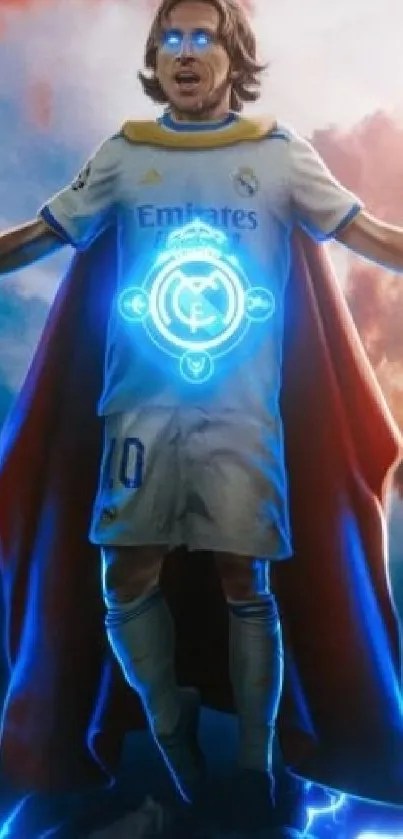 Heroic soccer player with a cape and blue energy in dynamic mobile wallpaper.