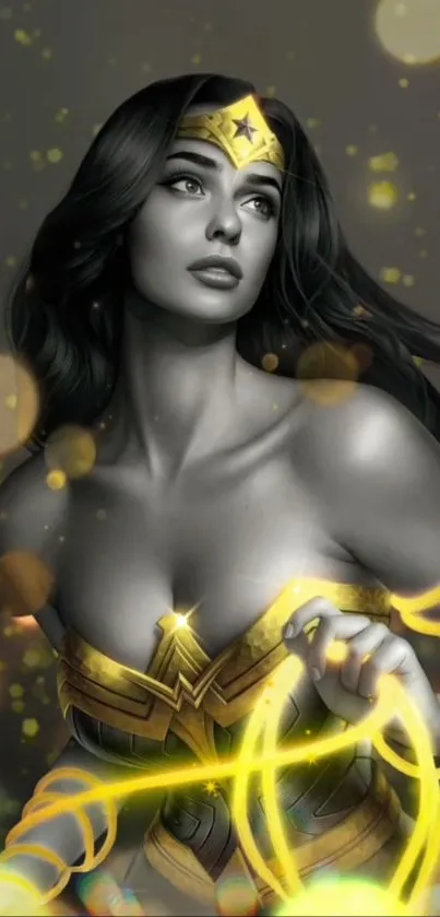 Powerful female hero with golden accents on a dark background.