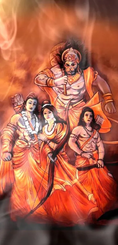 Hindu deities in orange hues mobile wallpaper.