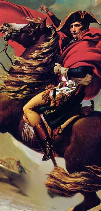 Historical painting of a heroic horseman on red-clad steed.