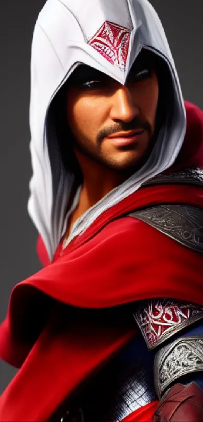 Hooded warrior in red cloak with intricate armor design.