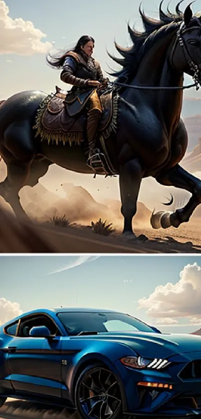 Mobile wallpaper with horse and car in epic scenery.