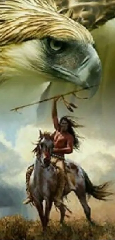 Epic artwork of an eagle and rider on a horse under a vibrant sky.