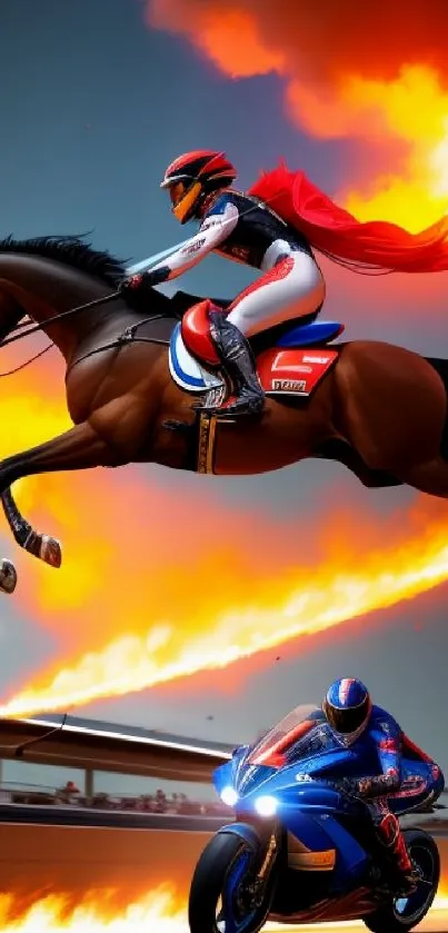 Horse and motorbike race through fiery loop wallpaper.