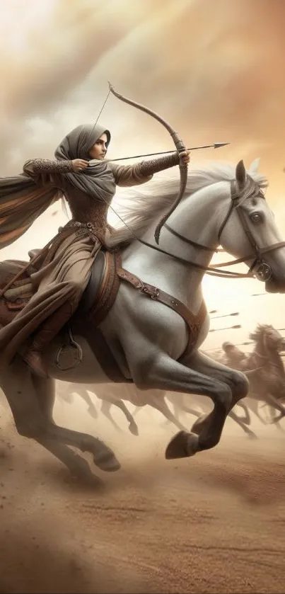 Archer on horse in desert wallpaper with dynamic action scene.