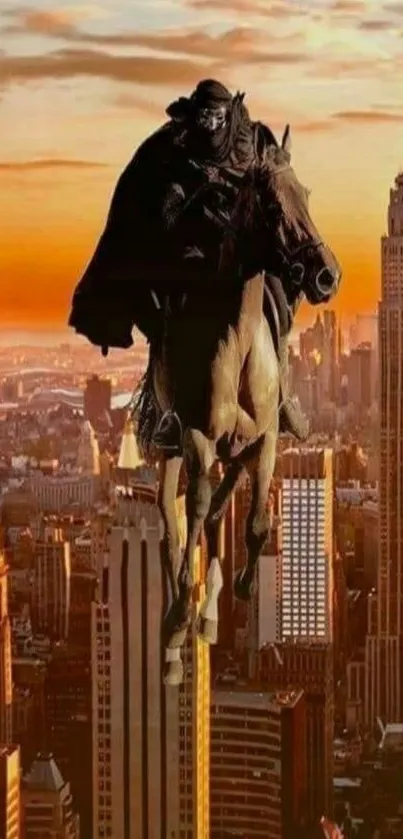 Knight on horseback flying over a sunset cityscape.