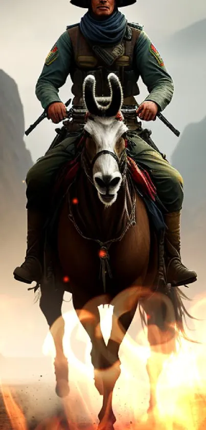 Heroic rider on a horse in a misty landscape, mobile wallpaper.