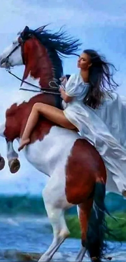 Epic scene of a rider on a horse by the ocean.