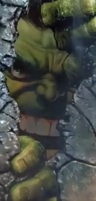 Hulk breaking through a stone wall with dramatic impact.