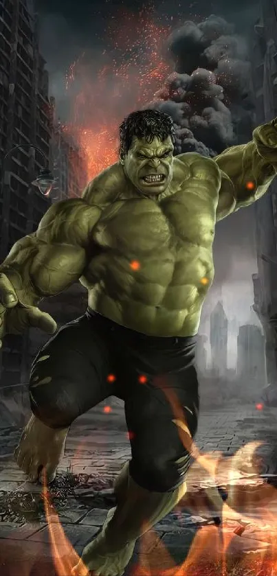 Epic Hulk scene in a destroyed cityscape, showcasing power.