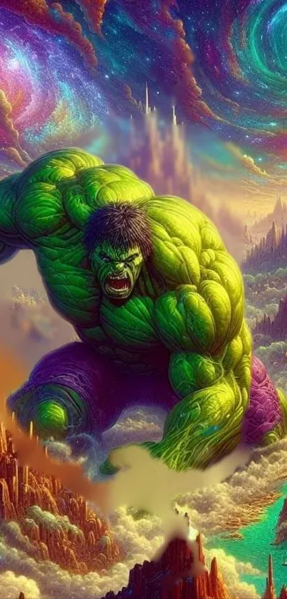 Epic Hulk fantasy wallpaper with vibrant colors and cosmic background.