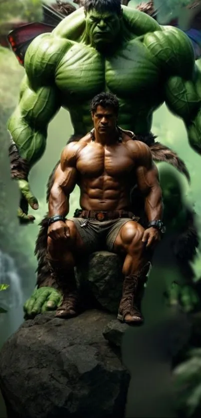 Two Hulks in a lush jungle setting, showcasing power and nature.