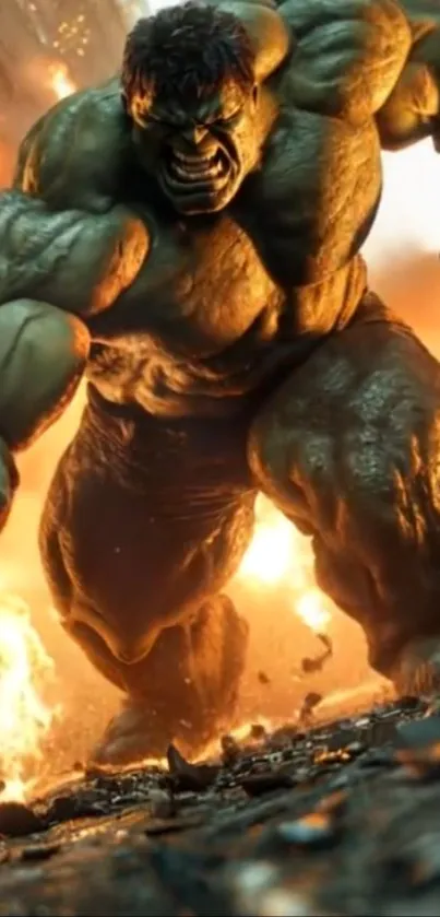 Epic Hulk in action with fiery backdrop.