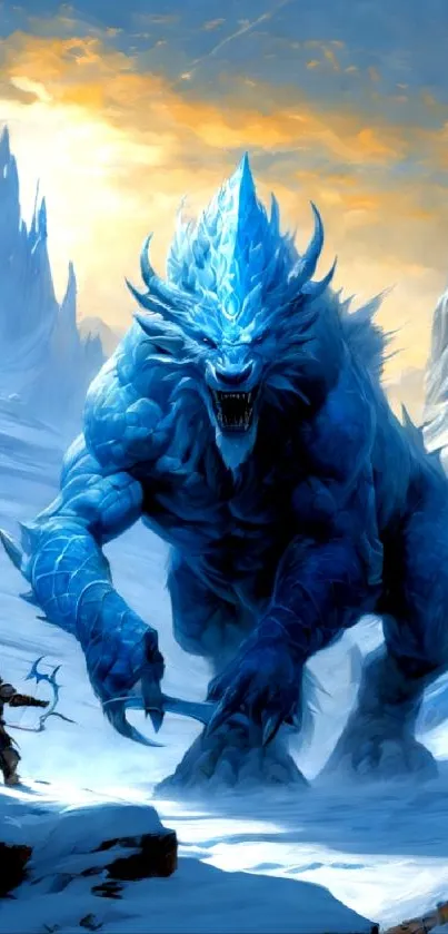 Epic fantasy scene with a giant ice monster and warrior.