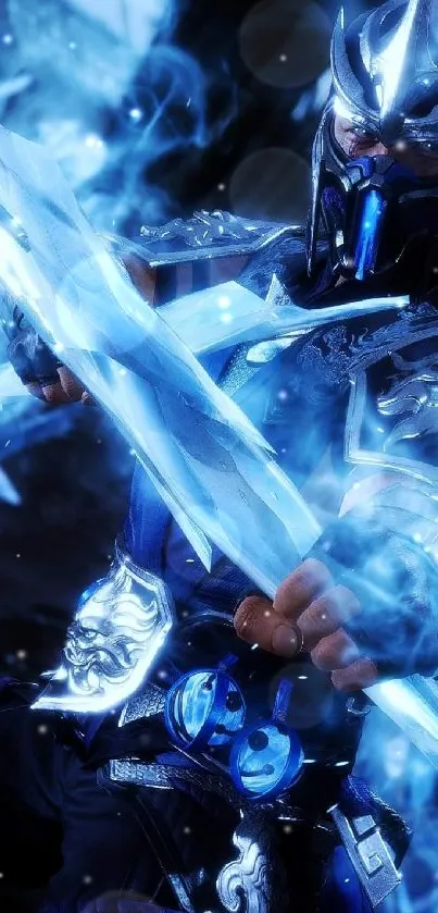 Ice warrior with blue aura in battle stance.