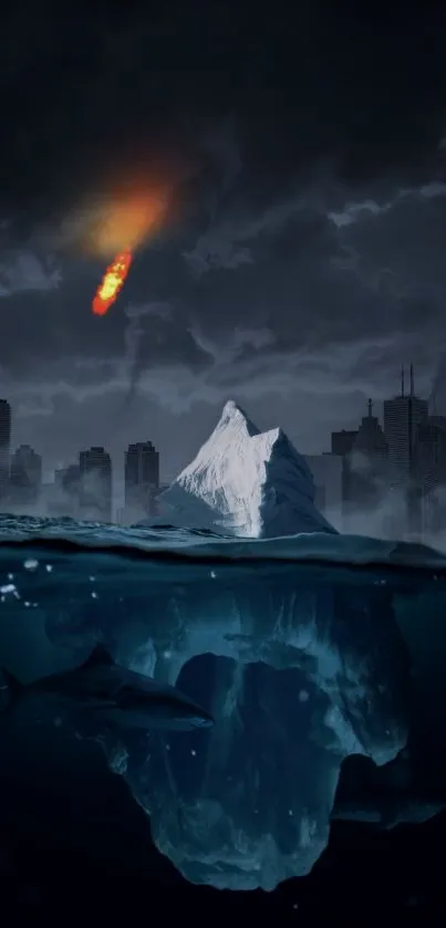 Iceberg with city, sky, and meteor illuminating the night scene.