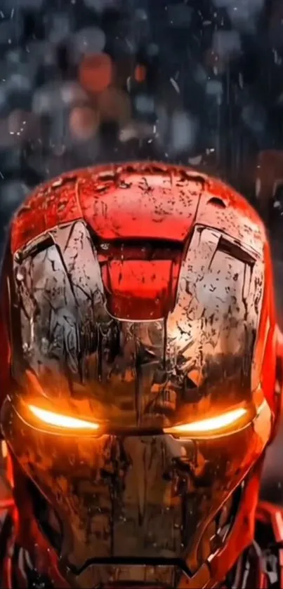 Epic iron hero in metallic armor with glowing eyes.