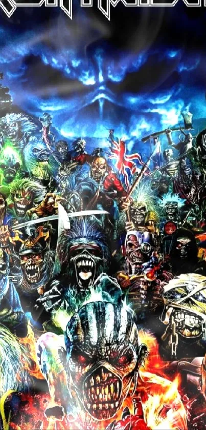 Dynamic Iron Maiden collage wallpaper full of iconic art and vibrant colors.