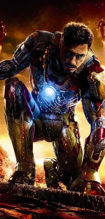 Iron Man in action pose with fiery background.