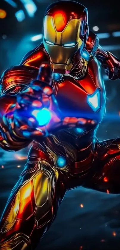 Superhero in shiny metallic suit with glowing blue and red accents.