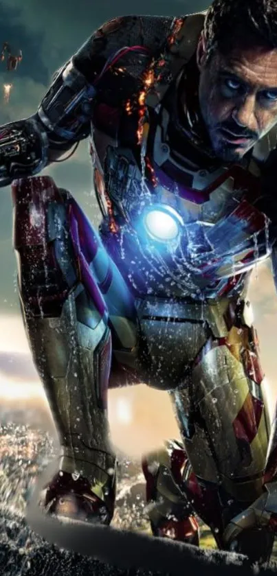 Iron Man in action with glowing armor and dark background.