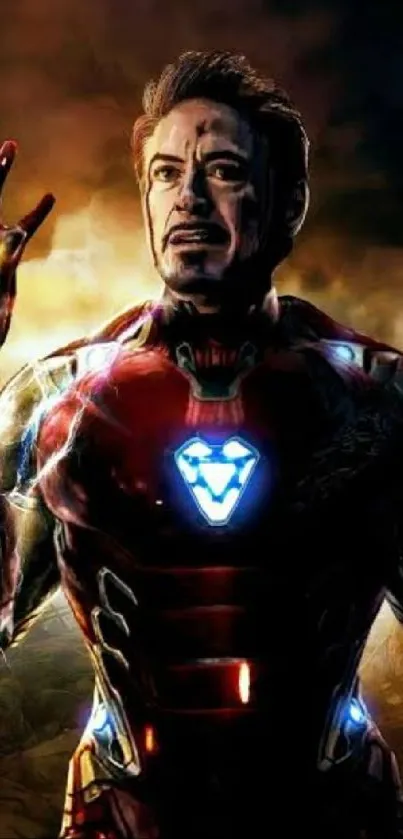 Epic Iron superhero wallpaper with vibrant armor and glowing lights.