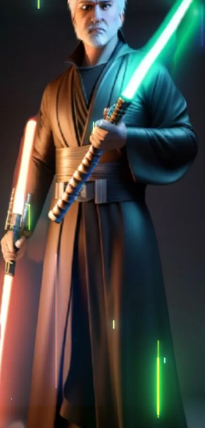 Jedi holding lightsabers in a dynamic sci-fi wallpaper.