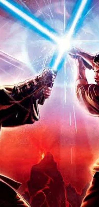 Epic lightsaber duel with vibrant red and blue hues.