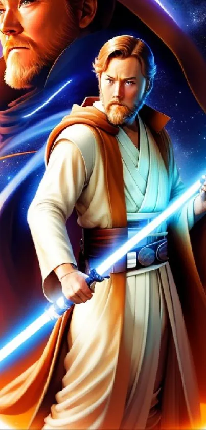 Vibrant Jedi warrior with a glowing lightsaber in a cosmic setting.